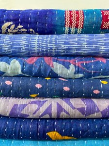Edredones Kantha hechos a mano de algodón de Color azul, Vintage colcha, colcha Sari antigua Sundance Kantha, edredón de tela reciclada - Product Image 5