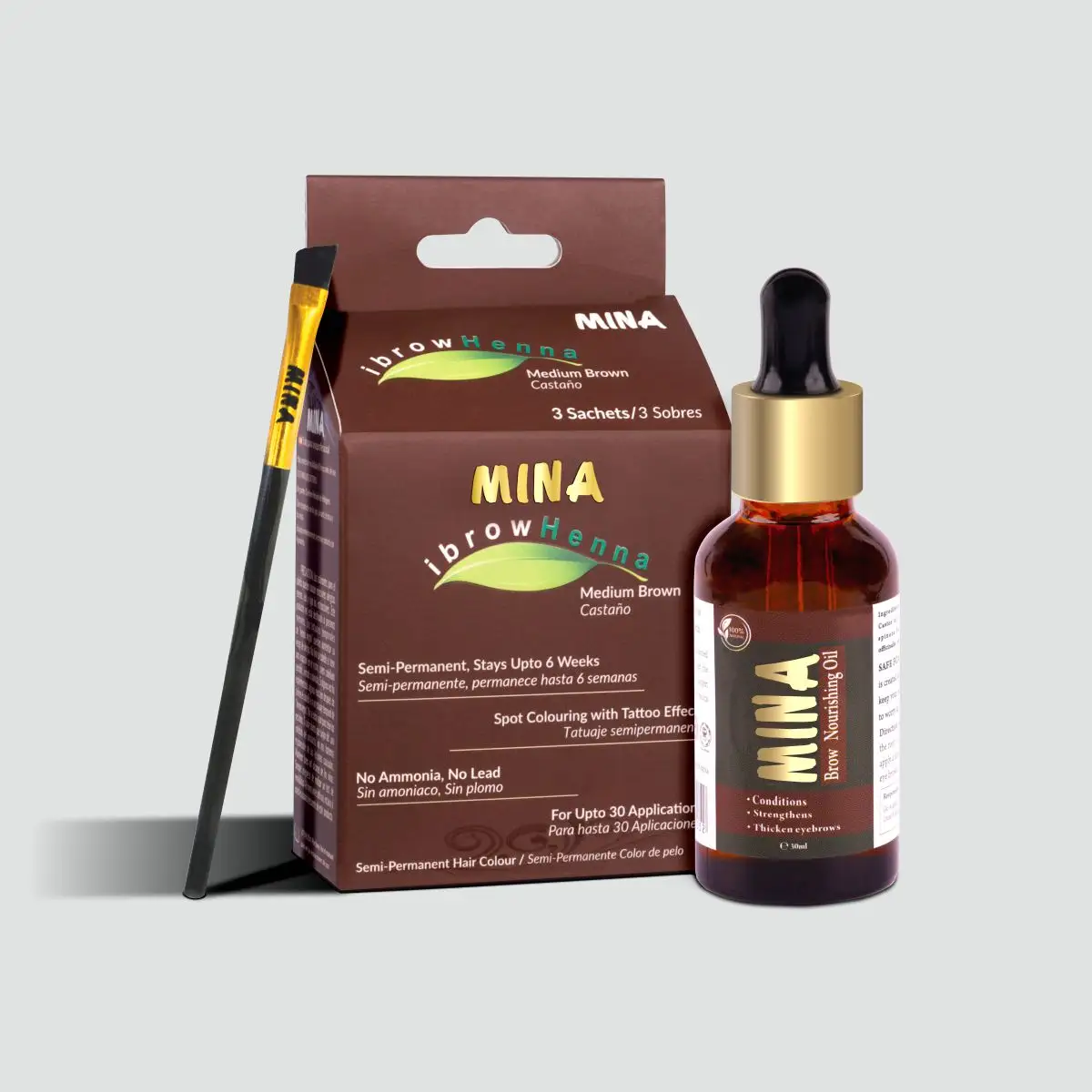 Medium Brown MINA ibrow Henna Hair Color Semi Permanent Henna Kit (Medium Brown with Brush-1piece and Oil 30ml)