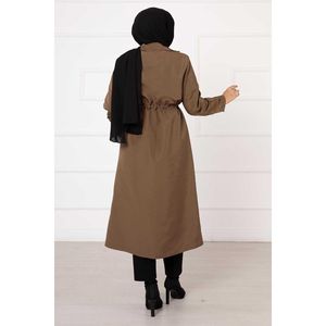 Women's Long Brown Trench Coat with Waist Tunnel <b>Belted</b> <b>Pocket</b> Double-Breasted Closure Waterproof Cotton-Filled for Spring - Product Image 3