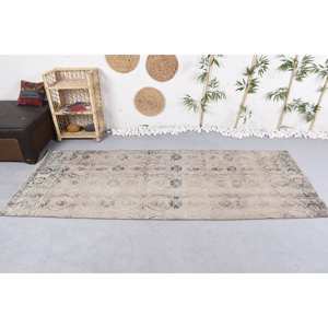 Tapis turc vintage de 3.4x8.8 pieds, beige, bleu, classique, rectangle, patchwork, laine design, latex, pour couloir et chambre - Product Image 3