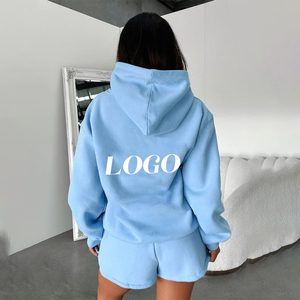 เสื้อผ้าผู้หญิง 2024 โลโก้ที่กําหนดเองชุดกีฬาชุดเหงื่อสั้นชุดผู้หญิงคุณภาพสูง 2 ชิ้นตัดเสื้อกันหนาวหมวกและกางเกงขาสั้นชุด - Product Image 2