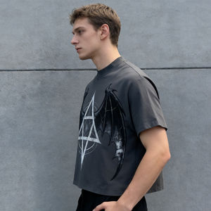 T-shirts pour hommes OEM/ODM gris délavé à l'acide, coupe courte, motif graphique, ourlet vieilli, effet soleil délavé, style streetwear décontracté gothique punk - Product Image 3