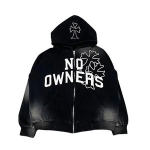 Oversized Men's Acid Washed Zip-up Hoodie Heavyweight 100% Cotton Custom Boxy Zipper Distressed Print <b>y2k</b> Hoodie - Product Image 2