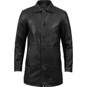 Manteau long en cuir véritable pour homme, col à revers, simple boutonnage, manches classiques - Product Image 5