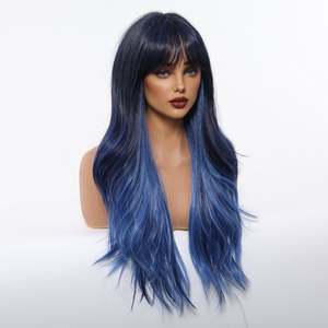 Perruque Synthétique DWY de Haute Qualité, Longue Ondulée Bleu Brume avec Boucles Naturelles, Dentelle Transparente, Fibre Résistante à la Chaleur, Frange Courte - Product Image 5