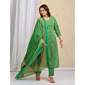 Green <b>Block</b> <b>Printed</b> Cotton Kurta Pant Set Mulmul Dupatta Indian Ethnic Style for Parties Special Occasions Net Fabric Stitched - Product Image 3