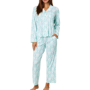 Traje de dormir Conjunto de 2 piezas 100% algodón Ropa de dormir informal Camisa de manga larga y pantalón de cintura con cordón Traje de noche Traje de mujer - Product Image 6