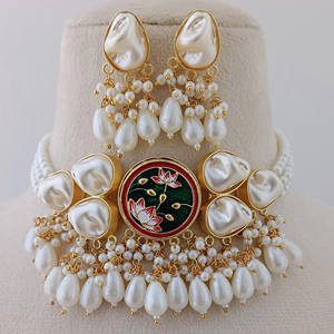 ชุดต่างหูสร้อยคอ meenakari ฟิวชั่นที่ทันสมัยประดับมุกเทียมทองเหลืองหนักโรเดียมชุบออกแบบได้ตามต้องการโรแมนติก - Product Image 1