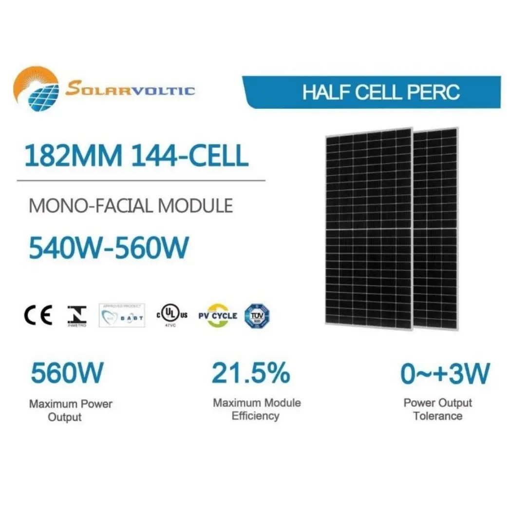 550W MONO FACIAL SOLAR PANEL 182 MM 144 cell maximum output power 560 W maximum series fuse rating 25A