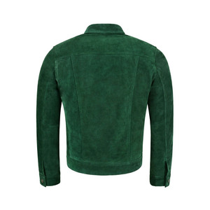 <b>Men's</b> Suede <b>Trucker</b> <b>Jacket</b> with New Fashion Shirt Style Real Cowhide Green Leather <b>Jacket</b> - Product Image 6