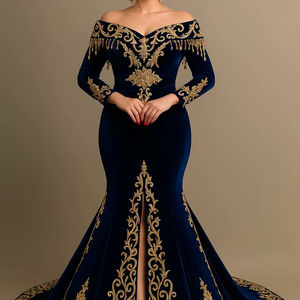 2025 @ Vestido de caftán azul marino con estilo tradicional argelino adornado con cuentas de cristal, piedra, perla, trabajo Dabka - Product Image 1