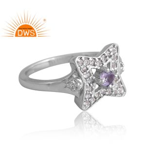 แหวนพลอยสีเงินชุบแพลเลเดียมแบบธรรมชาติและสีขาวโทแพซแบบปรับแต่งได้สำหรับผู้หญิง - Product Image 4