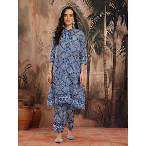 Ensemble Kurta et Palazzo bleu imprimé pour femme avec col à nœud et manches trois-quarts pour la saison printemps/été - Product Image 1