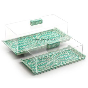 Rectangle Shape Mother Of Pearl Work Mosaic Beaded Eye Catching Look Best Quality <b>Cake</b> Stand With Clear Glass Top <b>Cover</b> Supplies - Product Image 2