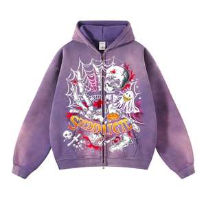 Achetez un sweat à capuche zippé Streetwear Hallowmas 360 GSM délavé à l'acide Y2K pour homme, sweat à capuche surdimensionné pour homme - Product Image 4