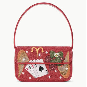 Sac à bandoulière rouge perlé, sac à main en perles de verre, sac brodé signe zodiacal Bélier cartes à jouer, pochette à rabat pour la plage d'été, sac fourre-tout pour femme - Product Image 1