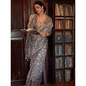 Atractivo Sari de Algodón con Estampado Floral Marrón para Festivales, con Blusa, Vestidos Elegantes para Mujer - Product Image 3