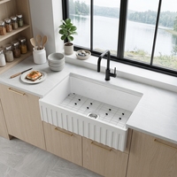 Évier de cuisine rectangulaire simple en porcelaine, 33 pouces, blanc, en argile réfractaire, cannelé, moderne, fait main, à façade d'abattage