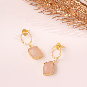 <b>Rose</b> <b>Quartz</b> Gold Plated Bell Shape Minimalist Women's Drop <b>Earrings</b> for Everyday Wear Party & Gift - Product Image 2