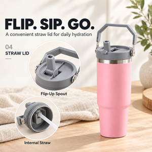 Vaso Térmico Portátil de Acero Inoxidable de 20oz/30oz con Asa, Tapa y Popote Abatible, Antiderrames, para Café y Viajes al Aire Libre - Product Image 3