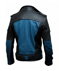 Elegant Men's Custom Leather Jacket with Blue Black Sheepskin Stand Collar Asymmetric <b>Belt</b>-Fashionable Style - Product Image 2