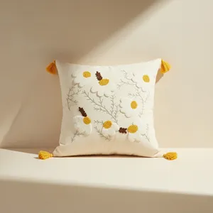 Funda de Cojín de Lino Bordada con Motivo de Margaritas, Cuadrada, con Borlas, Decorativa para Sala de Estar, Lavable, Sin Relleno Interior - Product Image 2