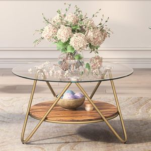 Mesa de Centro Redonda Moderna de Madera de 2 Niveles con Vidrio Templado Irrompible - Product Image 1