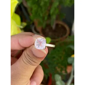 925 Silver Cushion Cut Rose <b>Quartz</b> Gemstone <b>Ring</b> Geometric Pattern with Rhodium Plating Hip-hop Style for Everyday Wear - Product Image 2