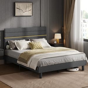 Wholesale Modern Upholstered <b>Platform</b> <b>Bed</b> | Dark Grey Fabric Queen King <b>Bed</b> with Tufted Headboard | Jodhpur Furniture Export - Product Image 1