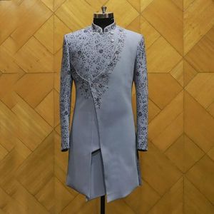 2024 impresionante Zari bordado gris Sherwani de talla grande fiesta novio desgaste cuentas de cristal Dabka Resham trabajo pantalón a juego zapato - Product Image 1