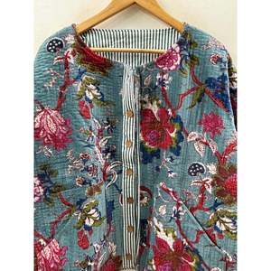 Hand Block-Printed <b>Quilted</b> Cotton <b>Jacket</b> with Coconut Shell Buttons and Three Quarter Sleeve Teal Garden Design for Spring - Product Image 3