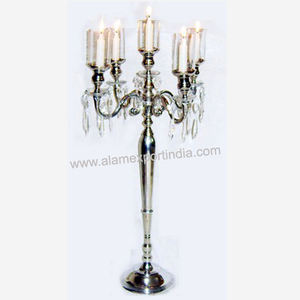 Nuevo Candelabro de Aluminio Plateado de Cinco Brazos con Cristales Colgantes, Hecho a Mano, Venta al Por Mayor Directa de Fábrica, Decoración para Fiestas y Bodas - Product Image 3