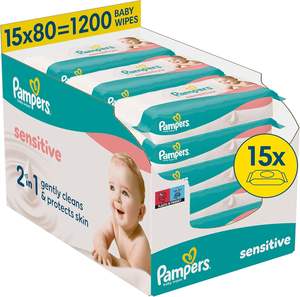 Lingettes pour bébé Pampers Sensitive, 1200 lingettes (15 x 80) pour peau sensible, testées dermatologiquement, trousse de premiers soins pour nouveau-nés - Product Image 1