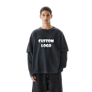 Lo último en camisetas de manga larga de doble capa de algodón 100% para hombre, ropa de calle, camisetas lavadas con ácido gris con gráfico pesado de punto - Product Image 1