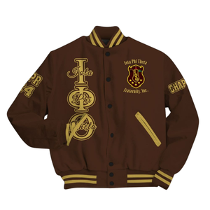 Iota phi theta 1963แจ็คเก็ตสไตล์เลตเทอร์แมนเสื้อโค้ทตัวนอกสีทองสีน้ำตาลเข้มแบบพรีเมียม - Product Image 2