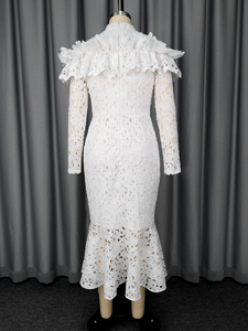 Vestido <span class=keywords><strong>de</strong></span> Dama <span class=keywords><strong>de</strong></span> Honor <span class=keywords><strong>de</strong></span> Encaje Blanco con Cuello Alto, Manga Larga y Volantes Estilo Sirena ADR051202 - Product Image 6