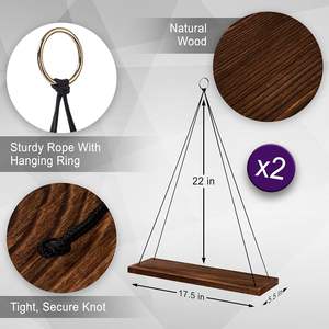 Masyl Lot de 2 étagères flottantes suspendues en corde, étagères rectangulaires murales en bois rustique pour la décoration intérieure, le salon - Product Image 3