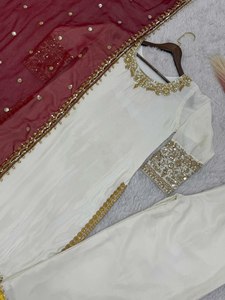 Eid spécial couleur blanche et marron Design pur Chinon soie tissu coupe droite bordure longueur genou Kurti & Plazzo avec ensemble Dupatta - Product Image 6