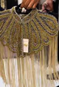 Festive Burlesque Cape Pearls Beaded <b>Sequins</b> Anti-Static Floor-Length V-neck Built-in Bra Natural Waistline Straight Silhouette - Product Image 2