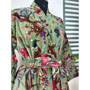 Luxury Unisex <b>Kimono</b> <b>Jacket</b> Elegant Bird Green Malibu Bluish Reversible <b>Silk</b> Lined Autumn Winter House Robe-One Size Fits All - Product Image 6