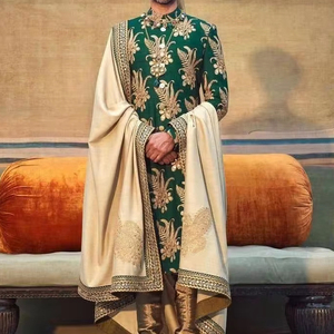 NEW HEAVY EMBROIDERY on GROOM BOTTLE GREEN SHERWANI, GOLDEN <b>PANT</b> WITH STOLE WITH EMBELLISHED CRYSTAL GLASS BEADS,DABKA WORK=2024 - Product Image 1
