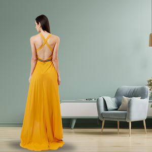 Maxi vestido occidental adornado a mano de Calidad exclusiva con cinturón adornado con clase para uso en fiestas y bodas - Product Image 3