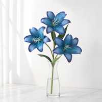 Bunga Lily Sutra Biru 3 Kepala Grosir, Tahan Air, Buatan, untuk Dekorasi Pernikahan, Pesta, dan Lobi Hotel