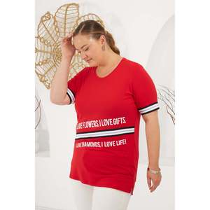 เสื้อยืดแขนสั้นผ้าวิสโคสผสมอีลาสเทนพิมพ์ลาย "I Love" สีแดงสำหรับผู้หญิงไซส์พลัส RMG สำหรับสวมใส่ลำลองทุกวัน - Product Image 3
