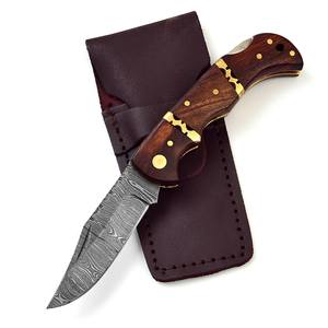 Cuchillo plegable completo de acero de Damasco al por mayor, cuchillo de bolsillo para exteriores con Funda de cuero y mango de madera - Product Image 1
