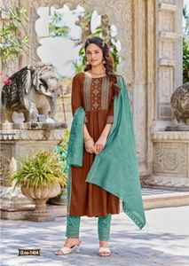 Kurta/Kurti indien et pakistanais pour femme en rayonne slub 16KG Dobby avec broderie Khatli lourde multicolore et Dupptta - Product Image 4