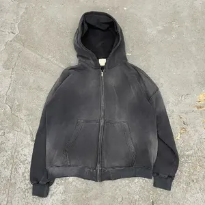 Streetwear 400g poids lourd blanc fermeture éclair Vintage Double couche lavage acide soleil délavé en détresse sweats à capuche hommes - Product Image 2