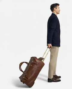 Brown Genuine Leather Luxury Rolling Duffle Bag Wheeled Travel <b>Weekender</b> Luggage Trolley <b>Suitcase</b> Water Resistant Polyester - Product Image 5