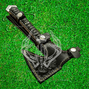 Custom Full Tang D2 Steel Hunting Camping Bearded Axe, Micarta Handle Tomahawk Real Hatchet con funda de cuero, regalo ideal - Product Image 6