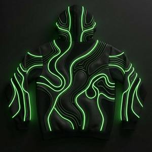 Sweat à capuche Cyberpunk d'hiver haut de gamme personnalisé, noir mat, coton lourd, Techwear, piping vert néon lumineux, broderie 3D sur le devant - Product Image 2